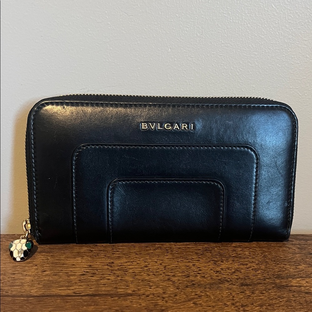 Bulgari Black Leather Zip Wallet